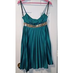 I ❤️ Ronson - Women’s Teal Satin Pleated Sequin Waist Swing Dress - Sz M - EUC